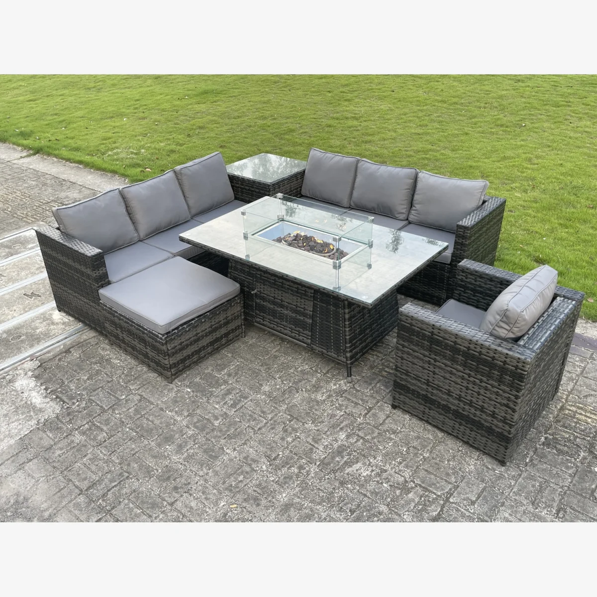Rattan Gas Fire Pit Corner Dining Set Chair Stool – image 1