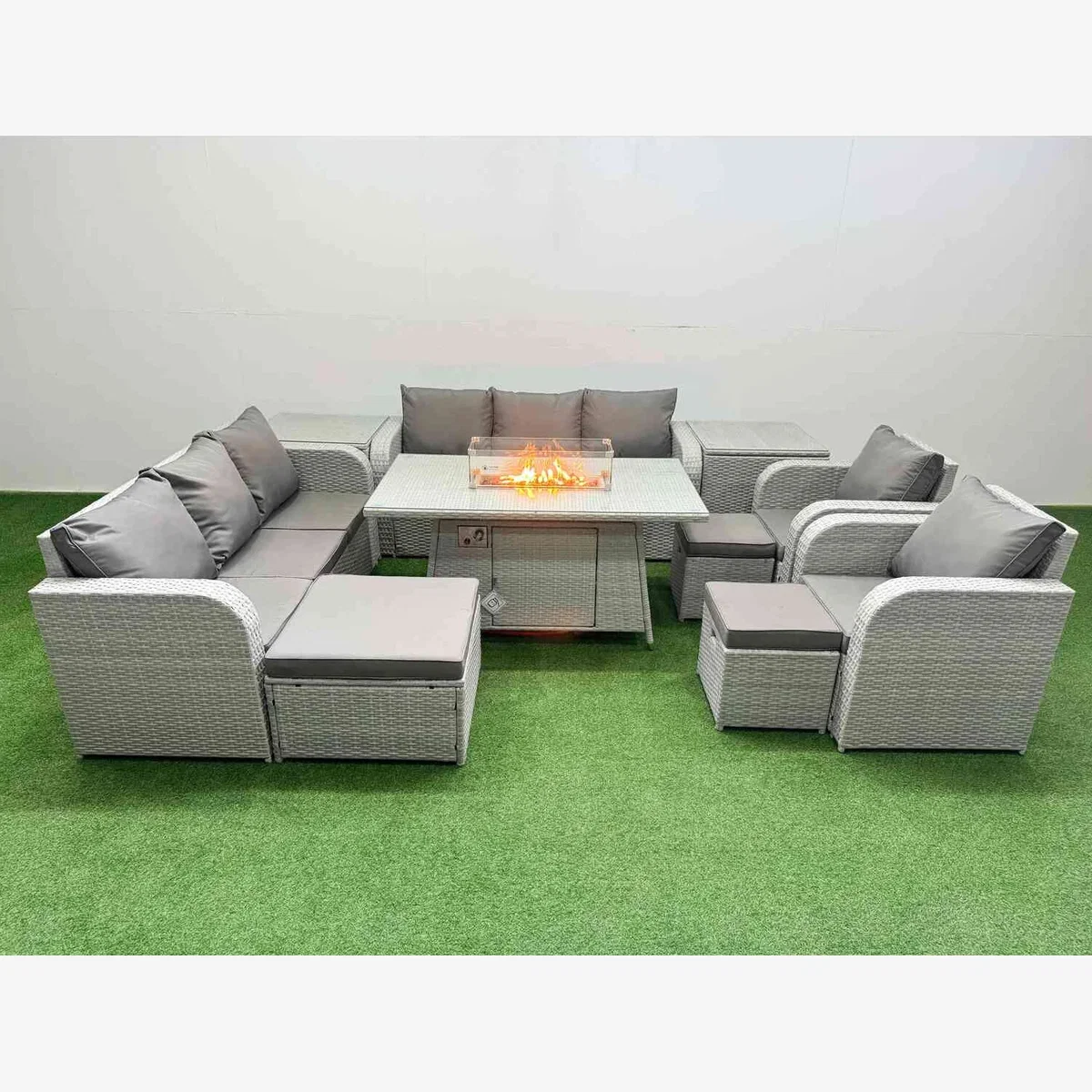 Fimous PE Rattan Lounge Set with Firepit Dining Table, Light Grey - Light Grey – image 1