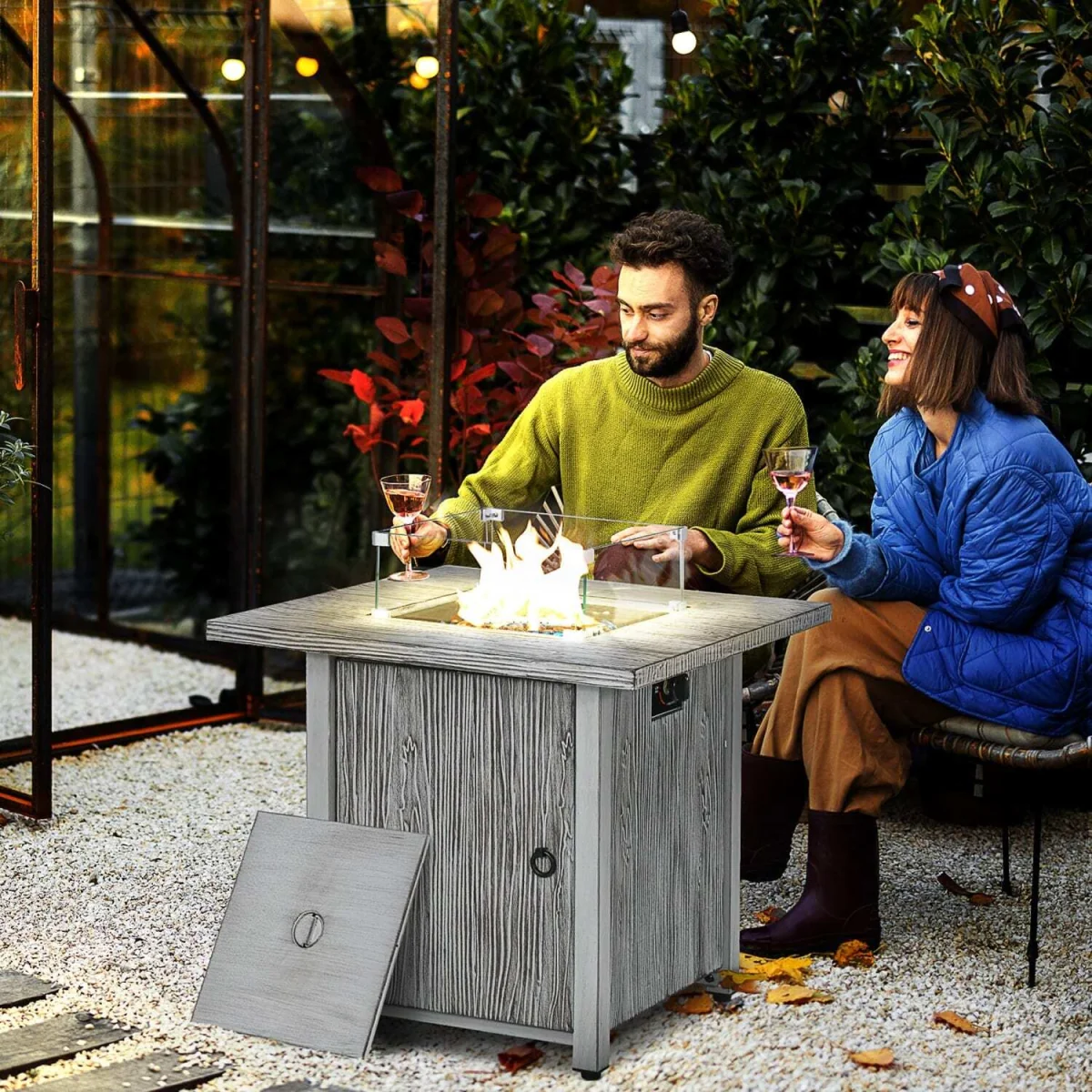 Vesoka Steel Grey Square Outdoor Gas Fire Pit Table with Glass Screen and Cover – image 2