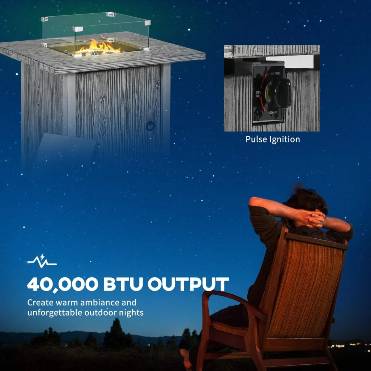 Vesoka Steel Grey Square Outdoor Gas Fire Pit Table with Glass Screen and Cover – image 6
