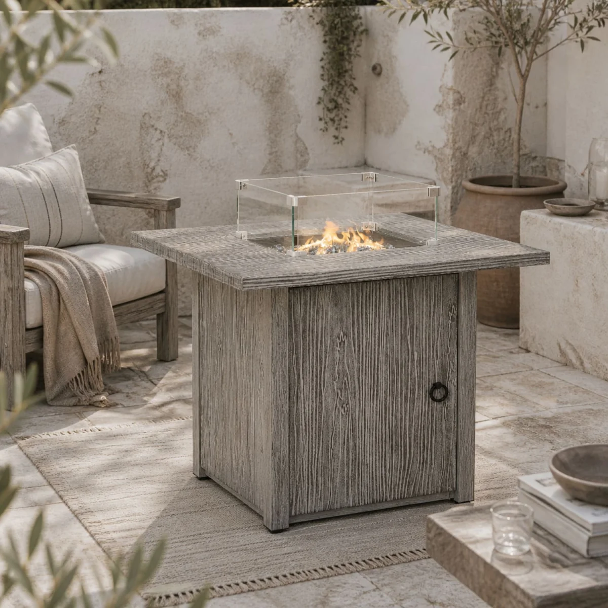 Vesoka Steel Grey Square Outdoor Gas Fire Pit Table with Glass Screen and Cover – image 1