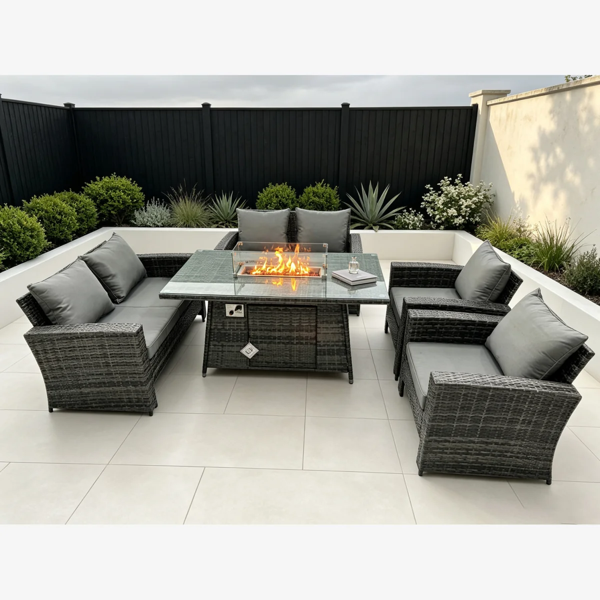 Rattan Outdoor Furniture Gas Fire Pit Dining Table Gas Heater Chairs - Dark Grey Mixed