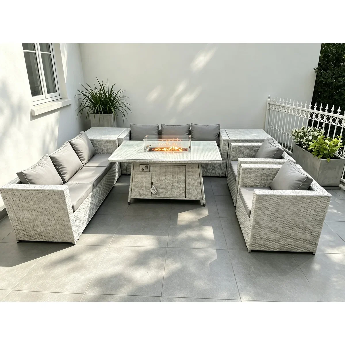 Rattan Fire Pit Garden Furniture Set 2 Side Coffee Table And Chairs - Light Grey Mixed – image 2
