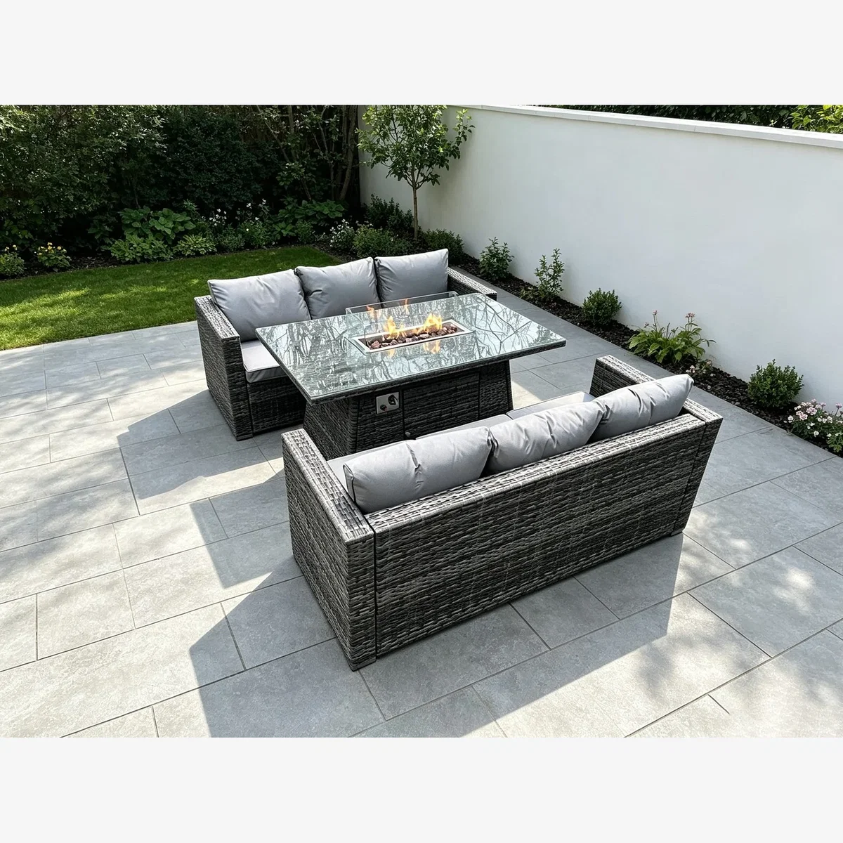 6 Seater Outdoor Rattan Garden Furniture Gas Fire Pit Dining Table Set - Dark Grey Mixed