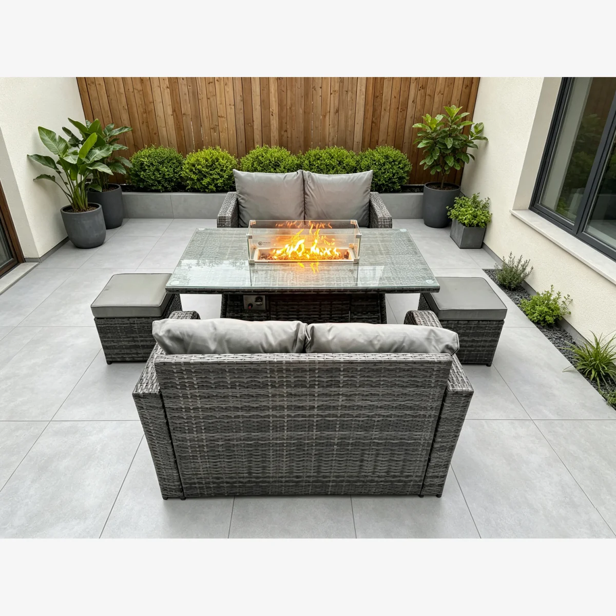 Rattan 6 Seater Gas Fire Pit Sofa Dining Set Stools - Dark Grey Mixed