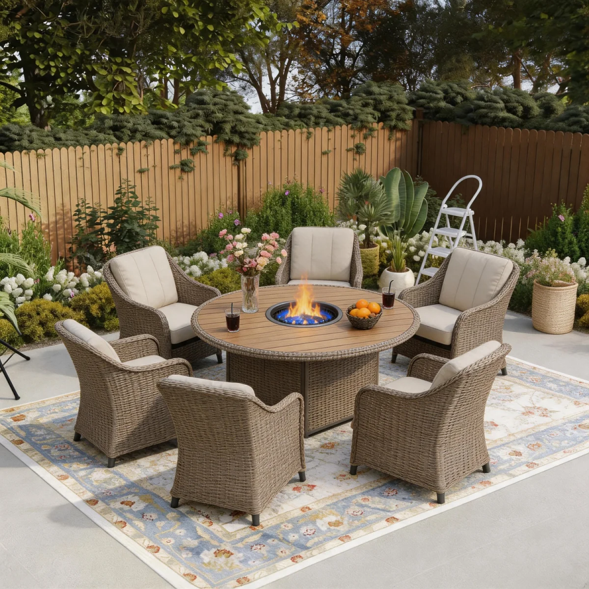 6 Seater Rattan Fire Pit Garden Furniture - Nature / 1 Round Fire Pit Table  6 Armchair – image 4