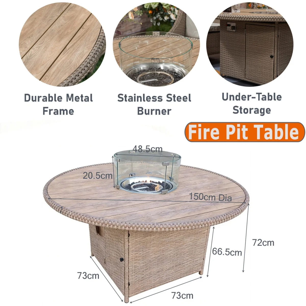 6 Seater Rattan Fire Pit Garden Furniture - Nature / 1 Round Fire Pit Table  6 Armchair – image 6
