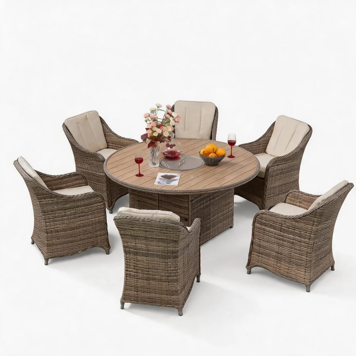 6 Seater Rattan Fire Pit Garden Furniture - Nature / 1 Round Fire Pit Table  6 Armchair – image 7