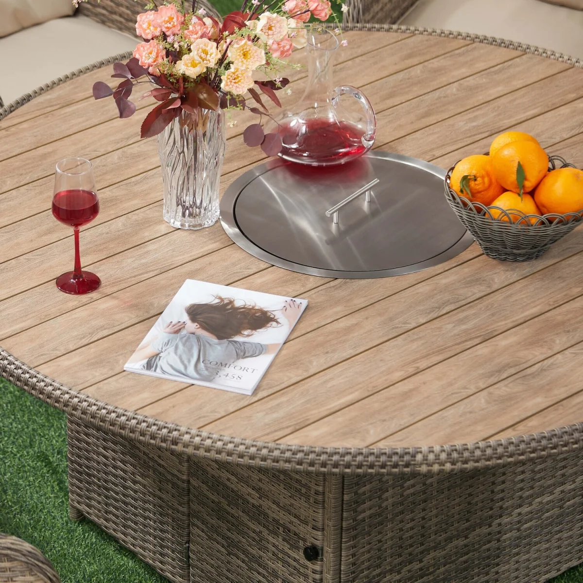 6 Seater Rattan Fire Pit Garden Furniture - Nature / 1 Round Fire Pit Table  6 Armchair – image 8