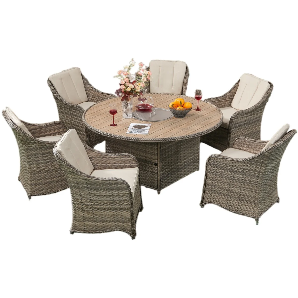 6 Seater Rattan Fire Pit Garden Furniture - Nature / 1 Round Fire Pit Table  6 Armchair – image 9