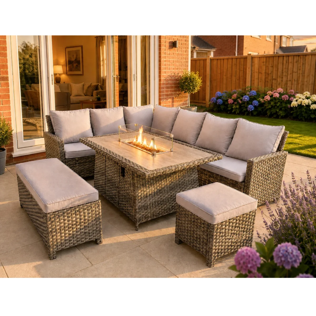 The Rosea Grey 9 Seat Corner Gas Firepit Rattan Dining Set - Grey – image 3