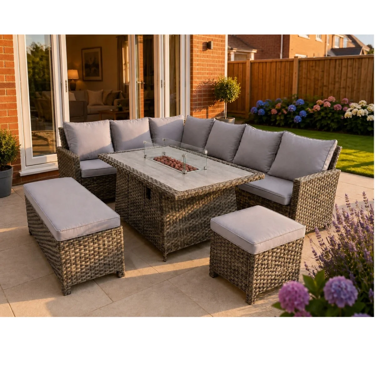 The Rosea Grey 9 Seat Corner Gas Firepit Rattan Dining Set - Grey – image 5