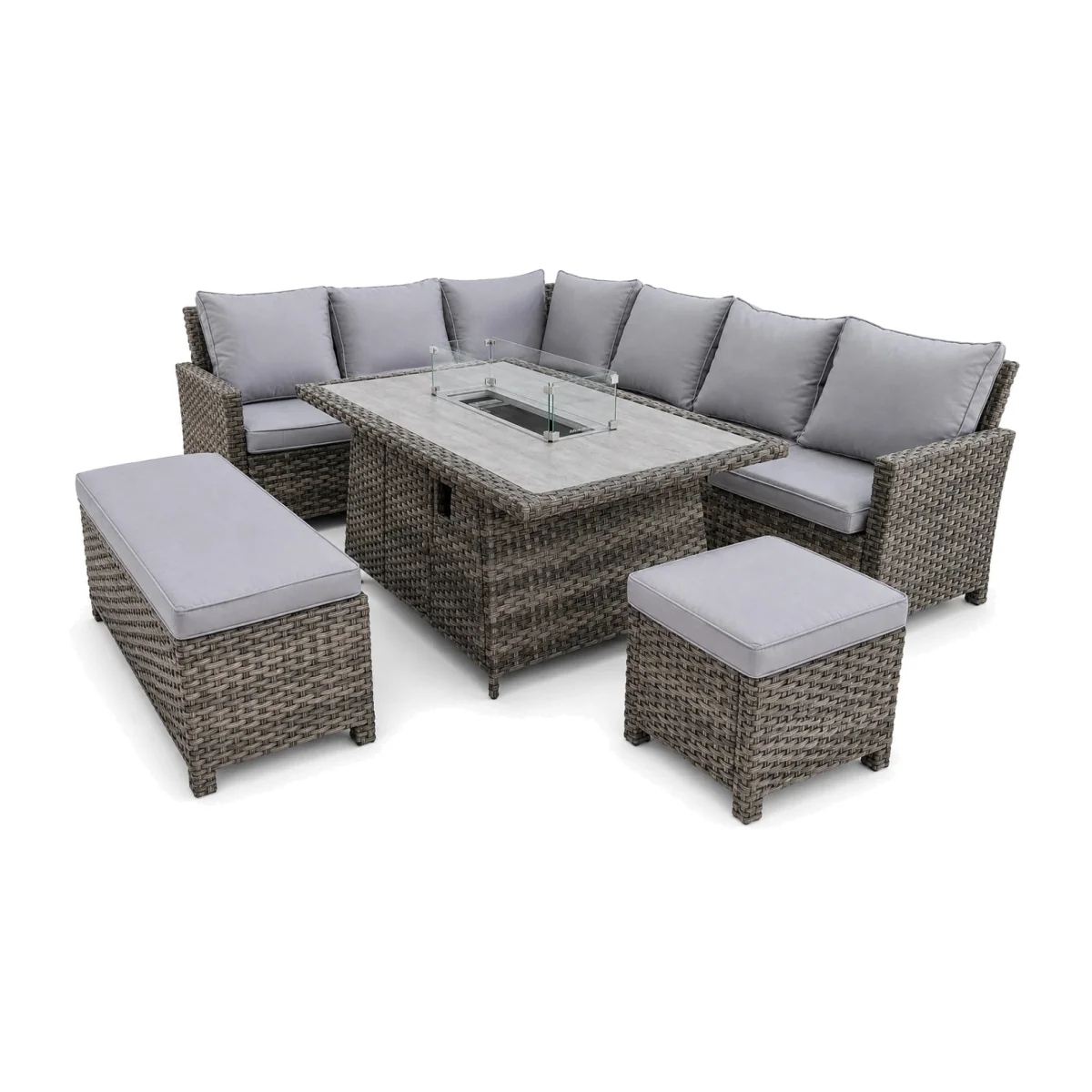 The Rosea Grey 9 Seat Corner Gas Firepit Rattan Dining Set - Grey – image 1