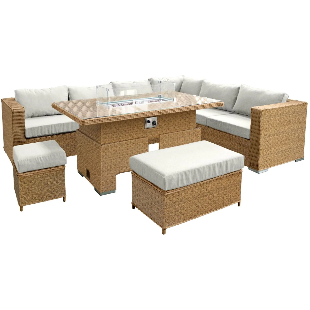 Oseasons Buxton Rattan 9 Seat Rising Firepit Corner Set in Mixed Brown with Taupe Cushions - Mixed Brown – image 3