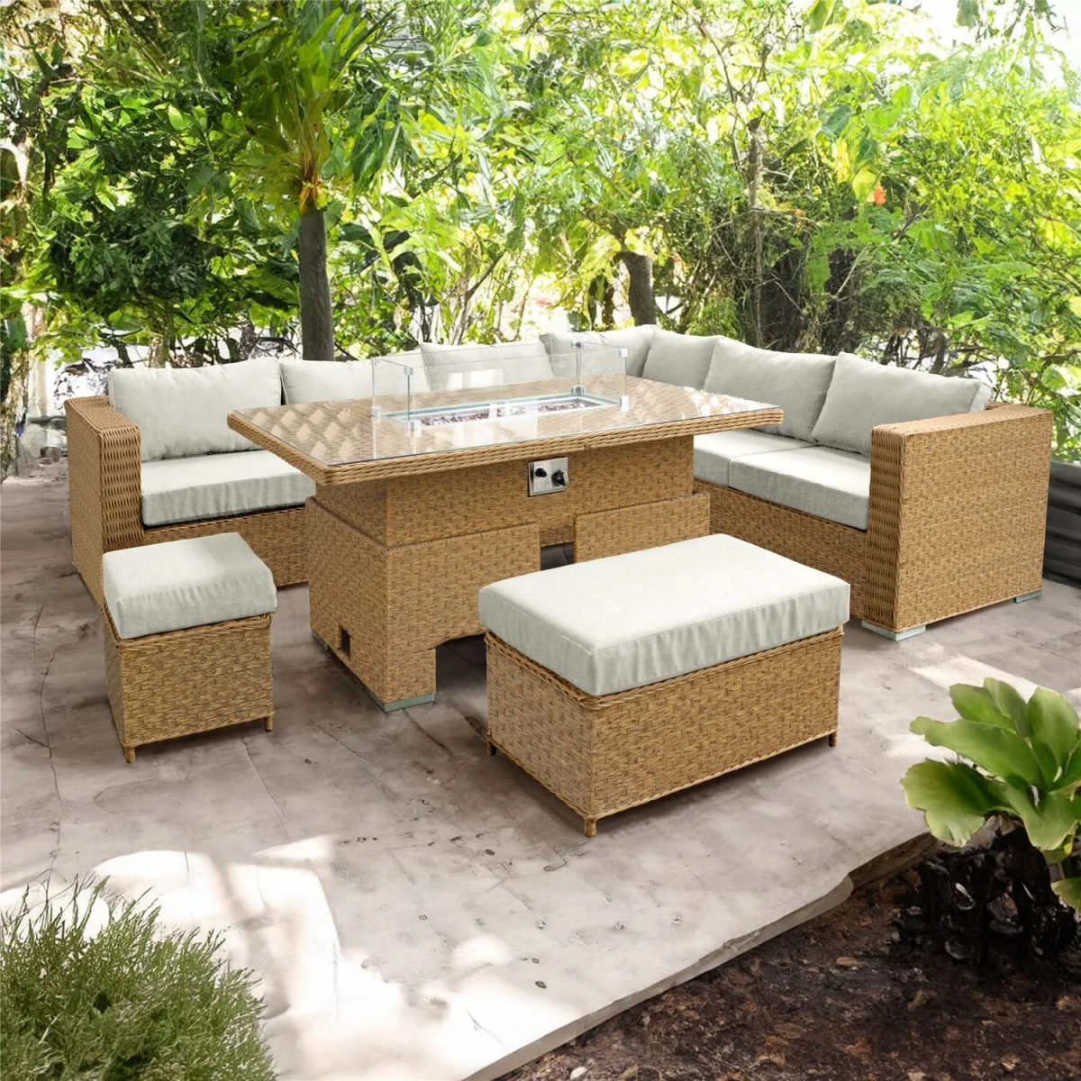 Oseasons Buxton Rattan 9 Seat Rising Firepit Corner Set in Mixed Brown with Taupe Cushions - Mixed Brown – image 1