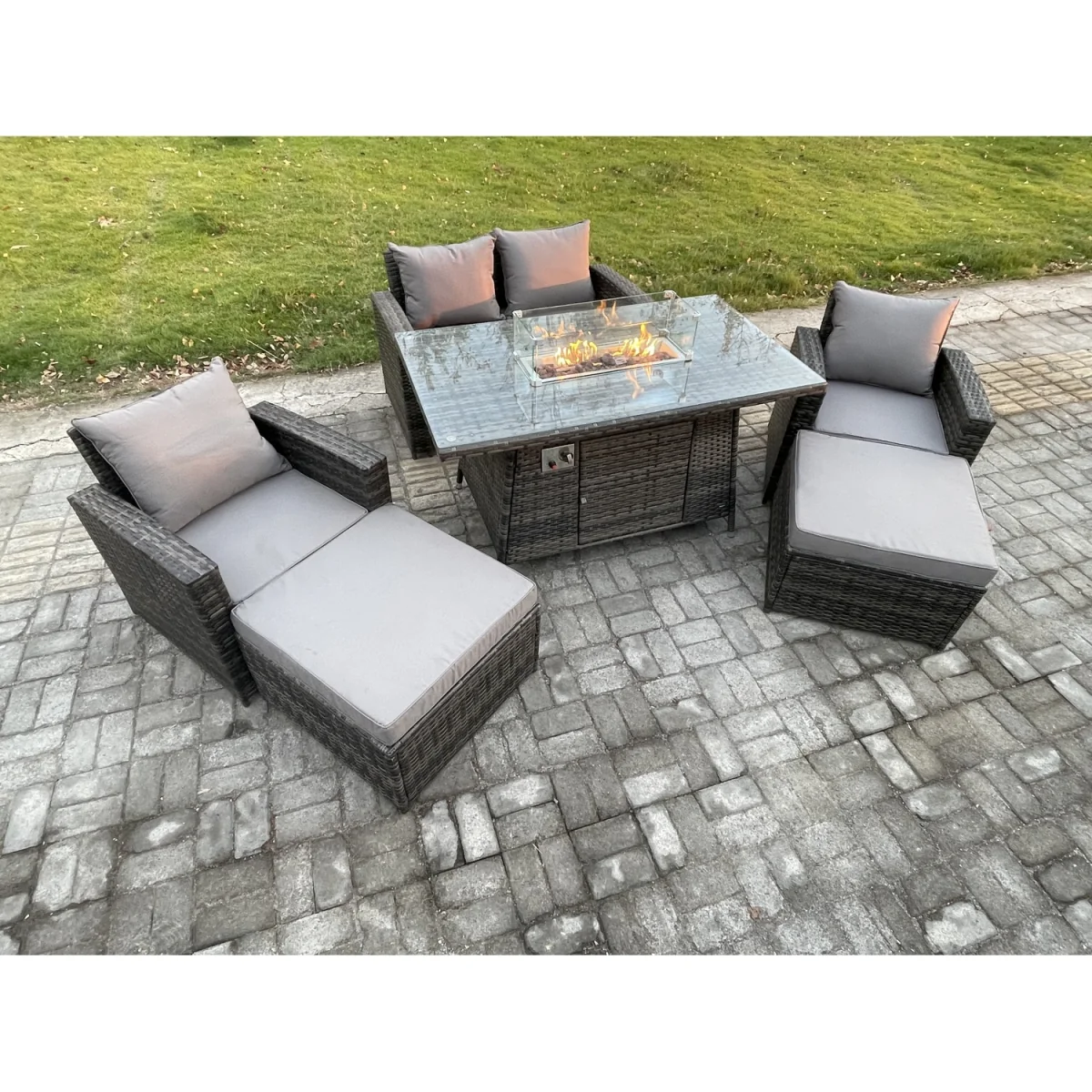 Fimous 6 Seater Rattan Garden Furniture Set with Gas Fire Pit. - Dark grey mixed rattan with dark grey fabric – image 2