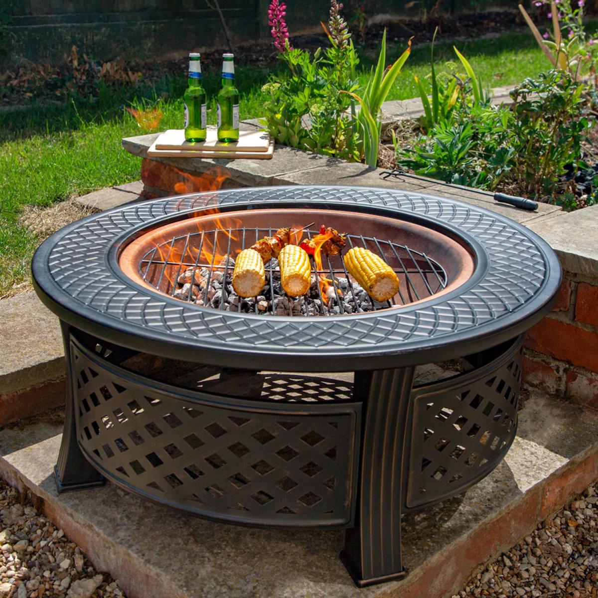Steel Firepit With Copper Effect Bowl and Mesh Screen - Black – image 2