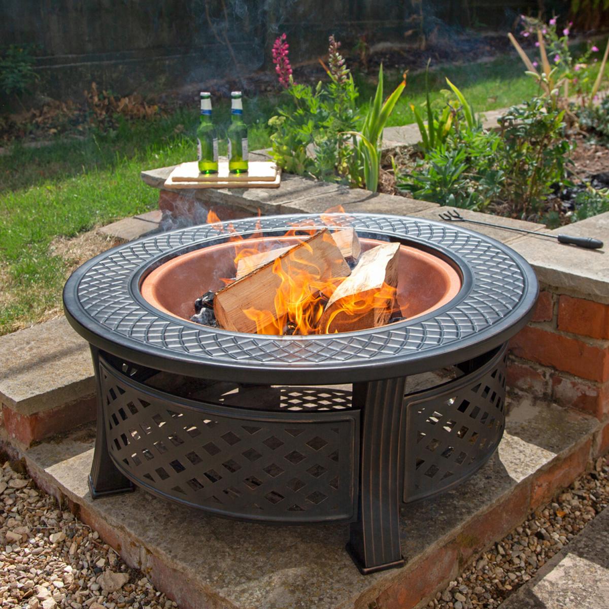 Steel Firepit With Copper Effect Bowl and Mesh Screen - Black – image 1