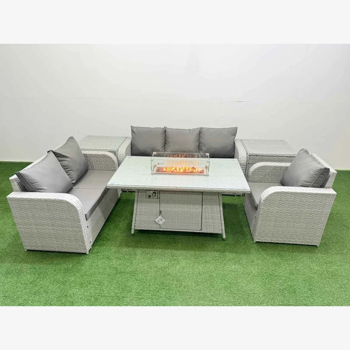 Fimous 6-Seater Outdoor PE Wicker Rattan Set with Firepit Table Light Grey - Light Grey – image 1