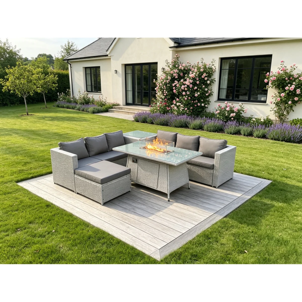 Corner Rattan Fire Pit Garden Furniture Set Big Footstool - Light Grey Mixed – image 2