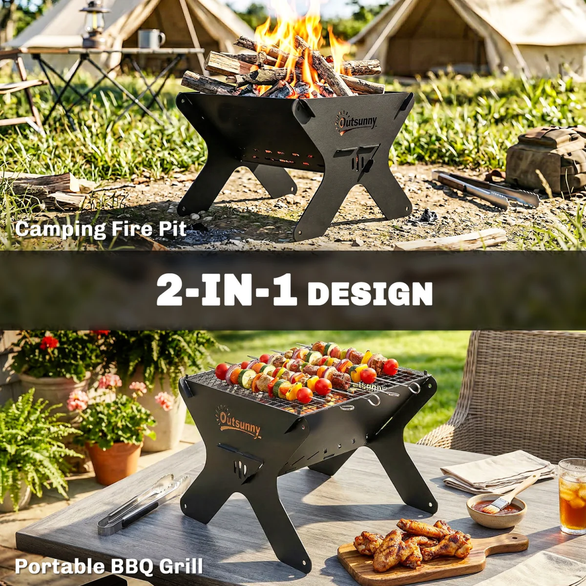 Outsunny 2-In-1 Portable BBQ Grill and Camping Fire Pit - Black – image 3
