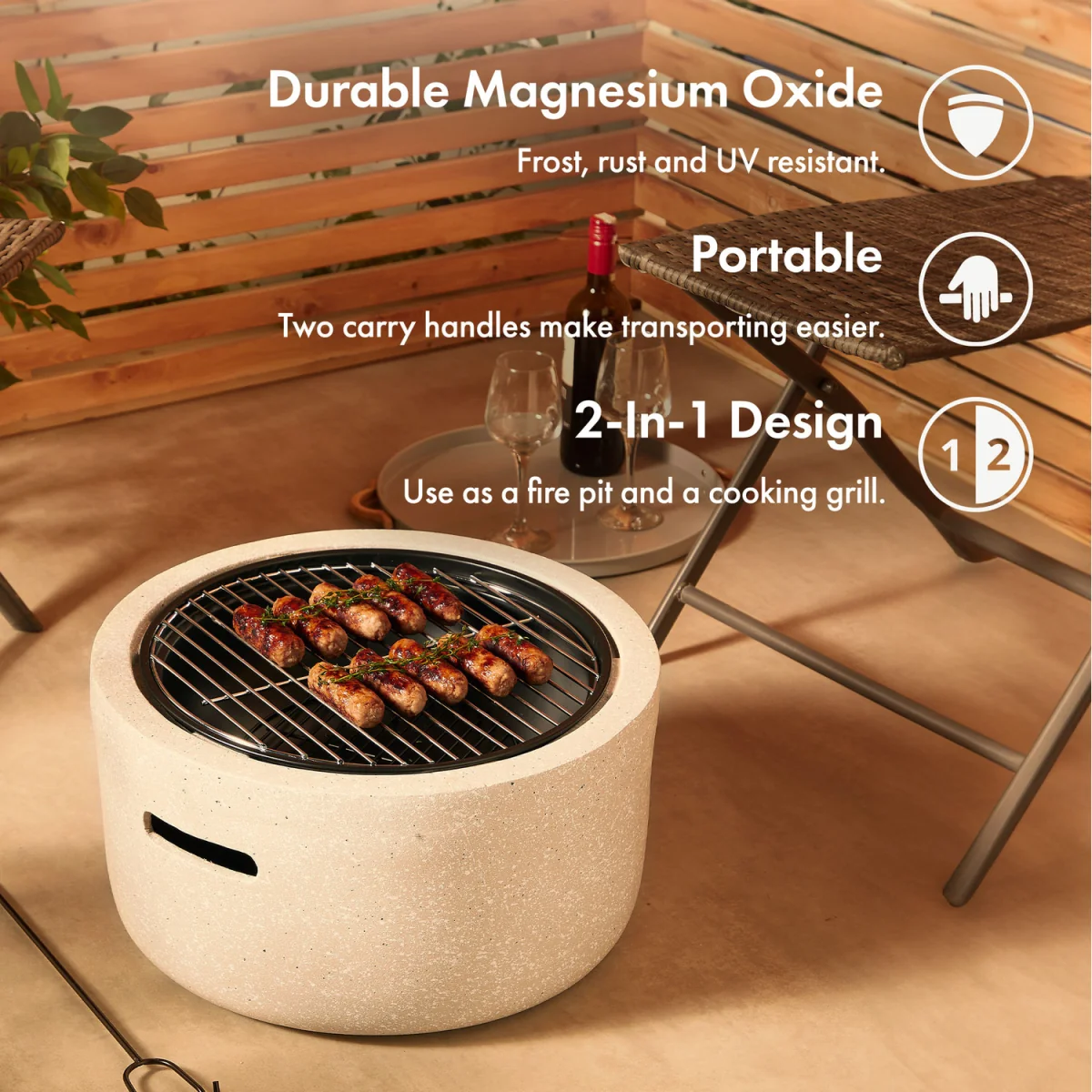Faux Concrete Fire Pit with BBQ Grill - Beige – image 3