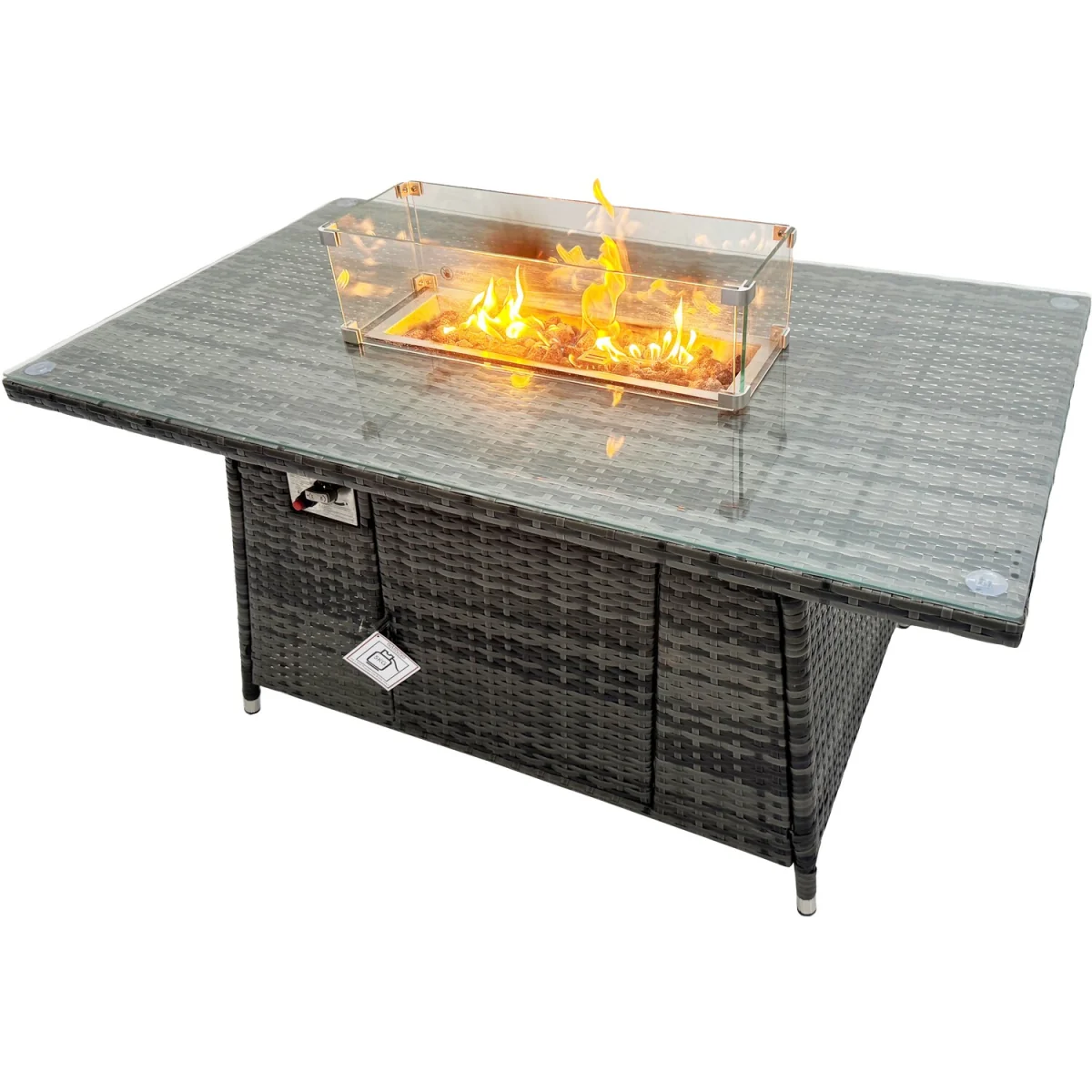 Fimous 7-Seater Rattan Gas Fire Pit Dining Set, Dark Grey - Dark grey mixed rattan with dark grey fabric – image 2