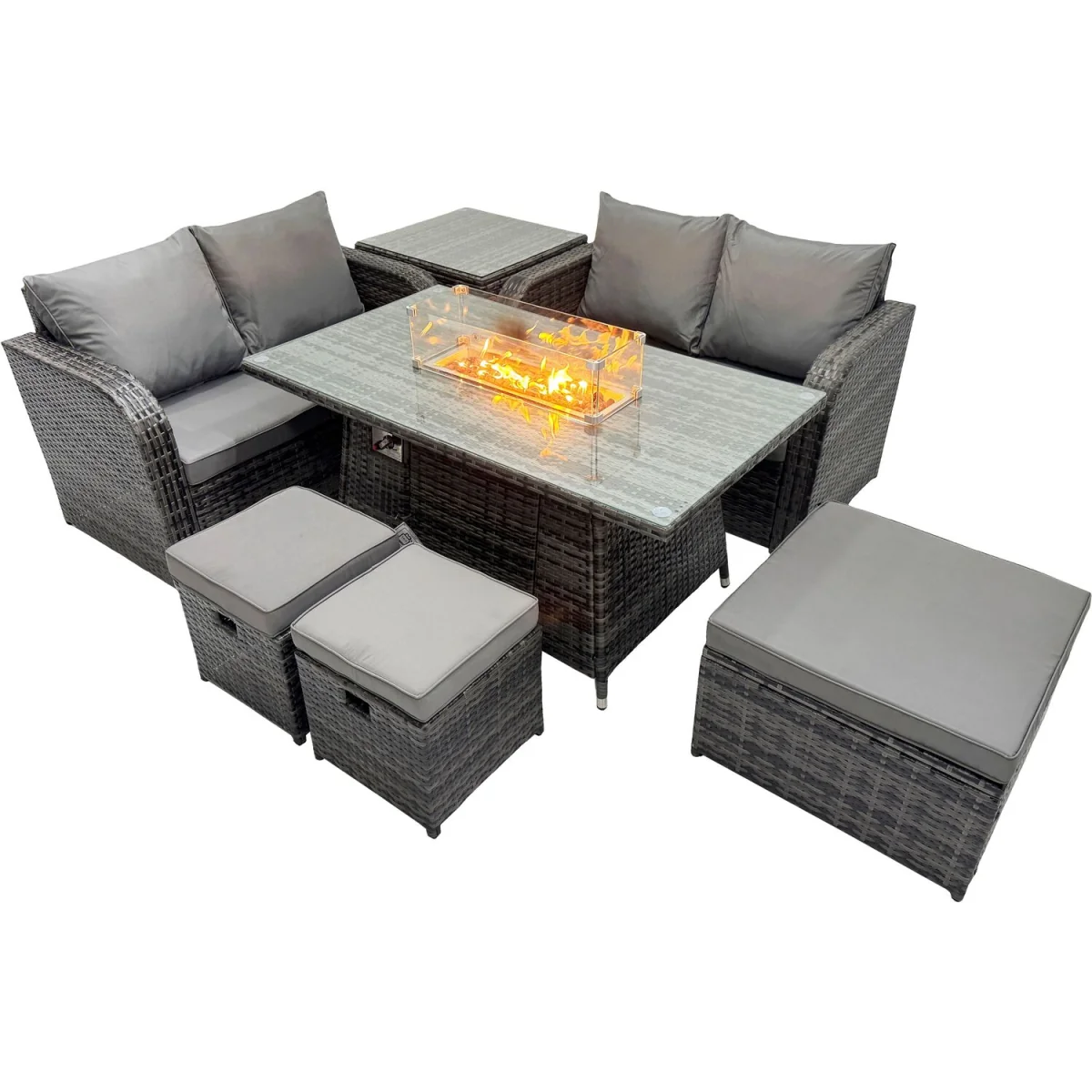 Fimous 7-Seater Rattan Gas Fire Pit Dining Set, Dark Grey - Dark grey mixed rattan with dark grey fabric – image 3
