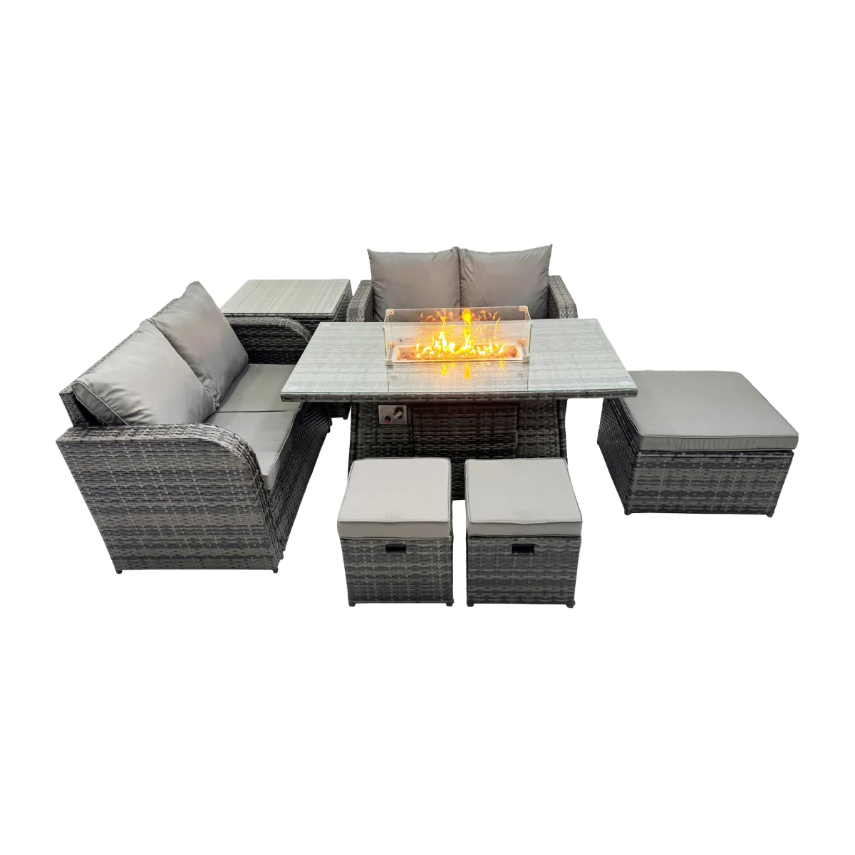 Fimous 7-Seater Rattan Gas Fire Pit Dining Set, Dark Grey - Dark grey mixed rattan with dark grey fabric – image 1