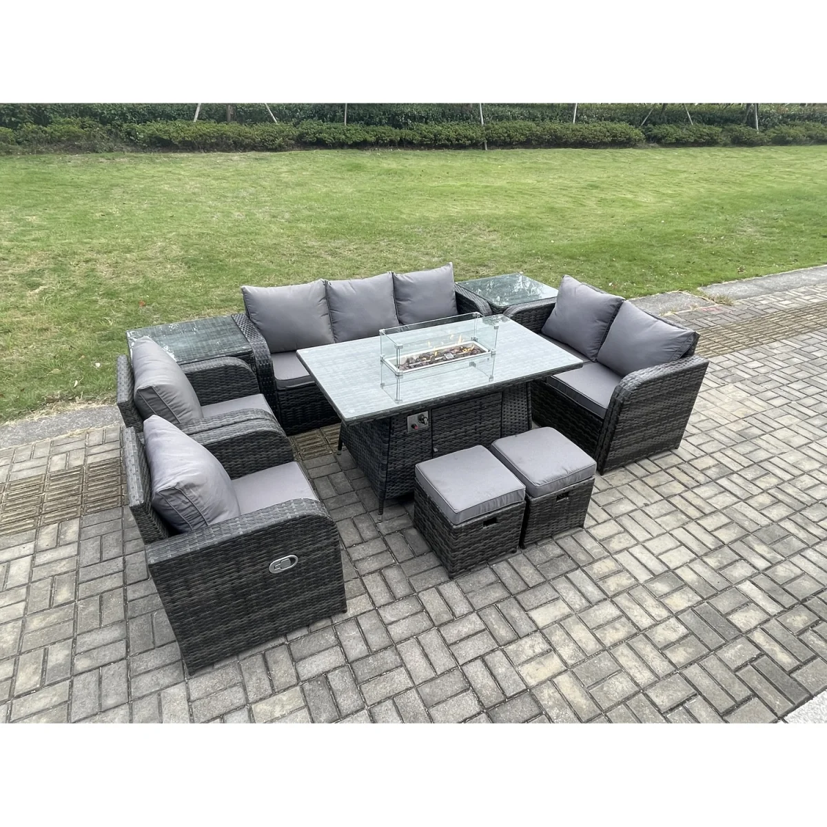 Fimous 9 Seater PE Wicker Rattan Garden Set with Propane Gas Fire Pit Table and Chairs - Dark Grey – image 2