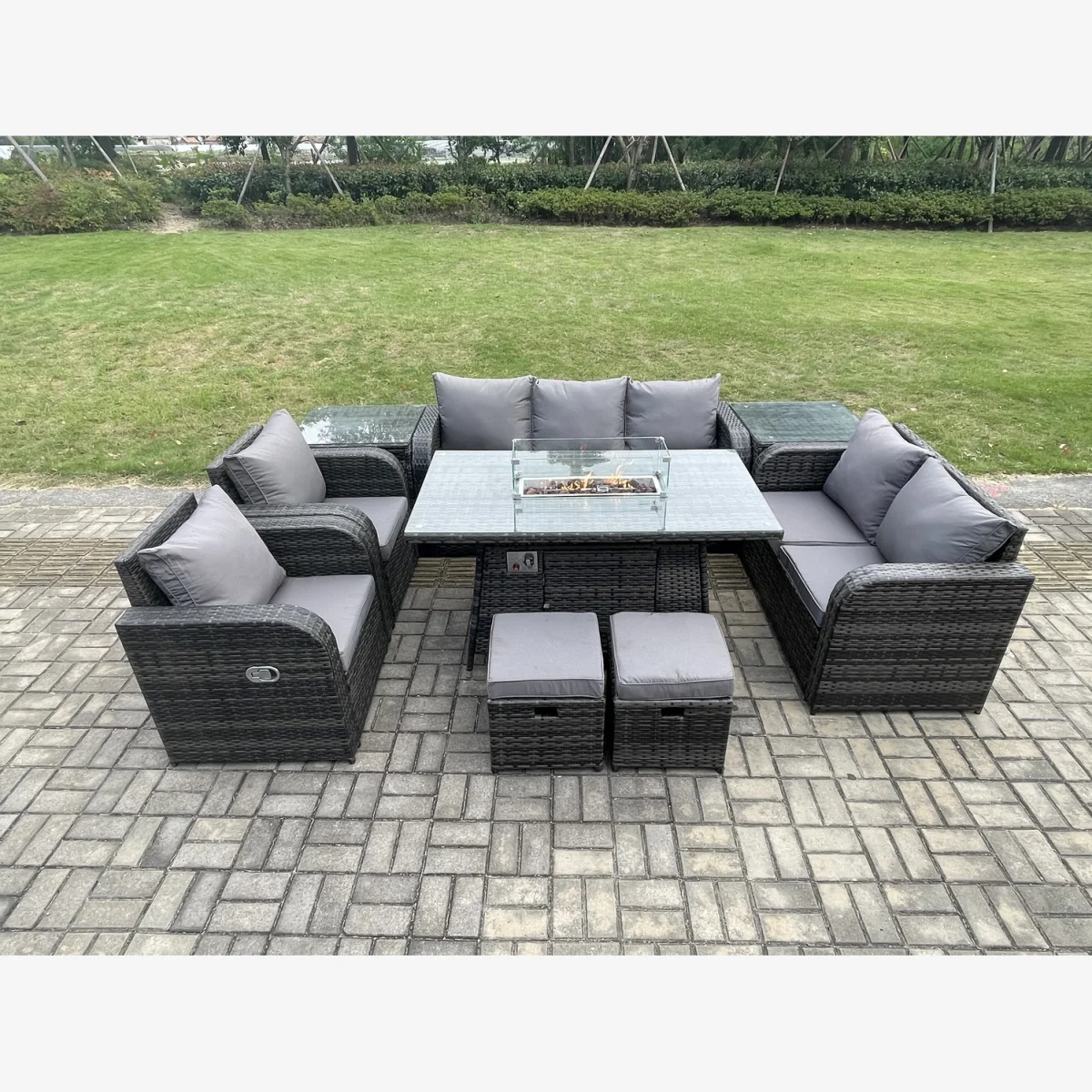Fimous 9 Seater PE Wicker Rattan Garden Set with Propane Gas Fire Pit Table and Chairs - Dark Grey – image 1