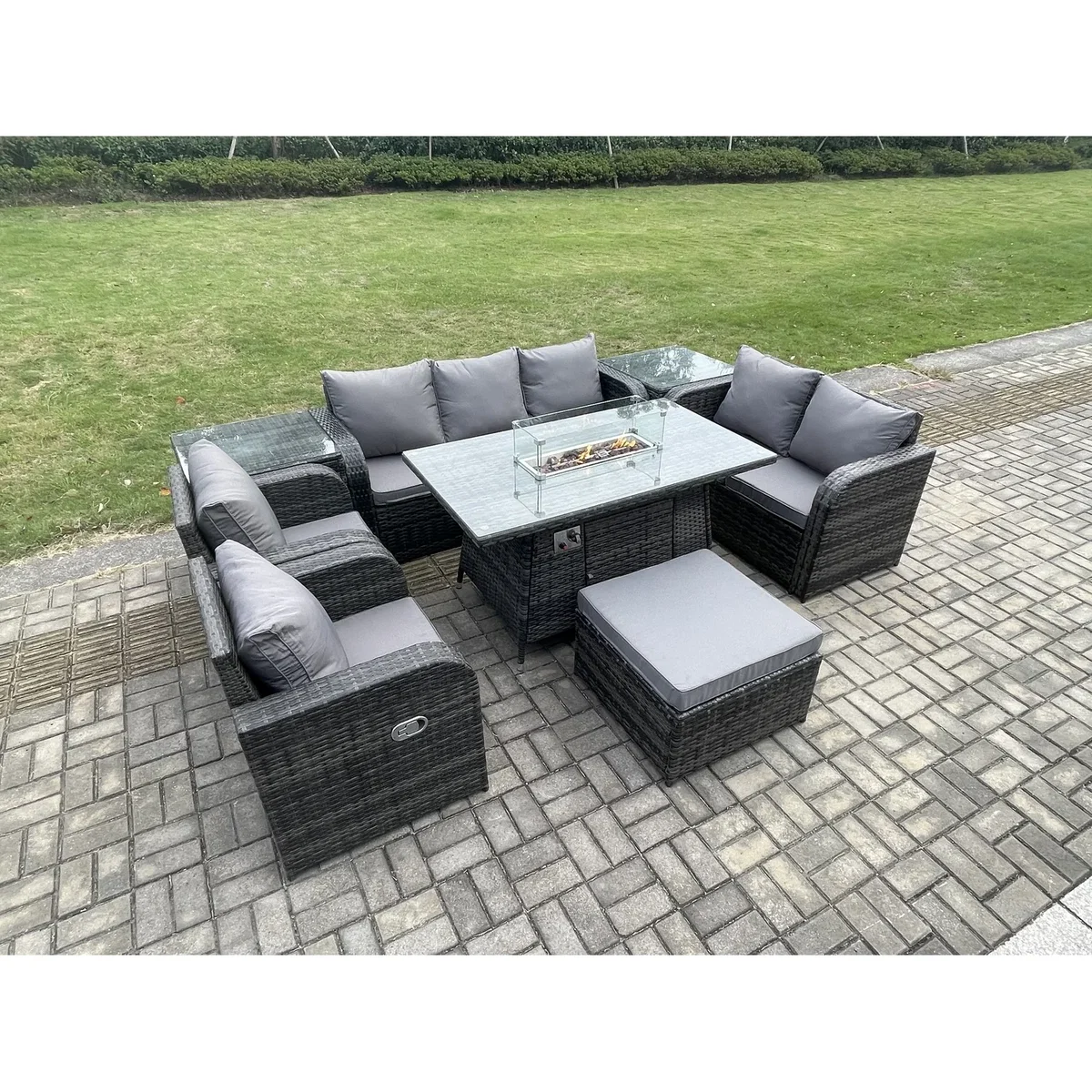 Fimous 8-Seater PE Wicker Outdoor Rattan Garden Furniture Set with Propane Fire Pit Table - Dark Grey – image 2