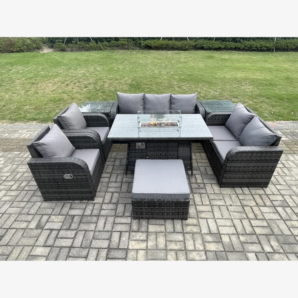 Fimous 8-Seater PE Wicker Outdoor Rattan Garden Furniture Set with Propane Fire Pit Table - Dark Grey – image 1