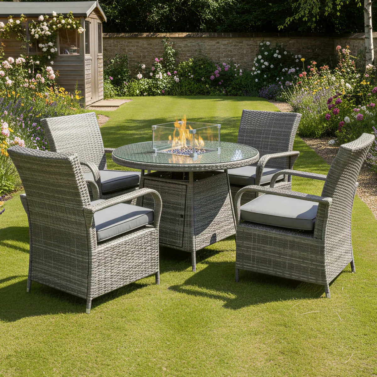 Oseasons Windsor Rattan 4 Seat Firepit Dining Set in Mixed Grey - Mixed Grey
