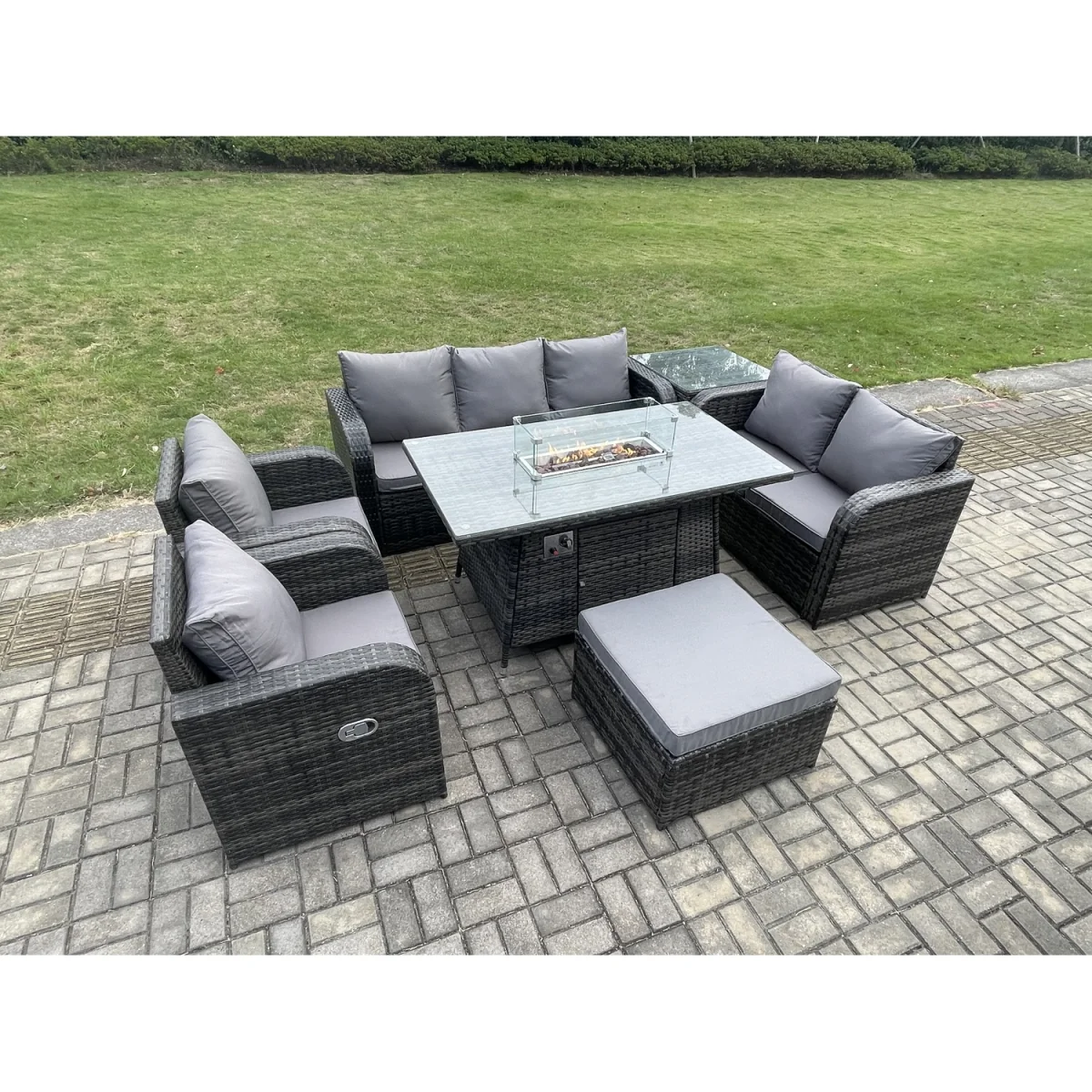 Fimous PE Rattan Outdoor Garden Furniture Set with Propane Fire Pit Table and Reclining Chairs - Dark Grey – image 2