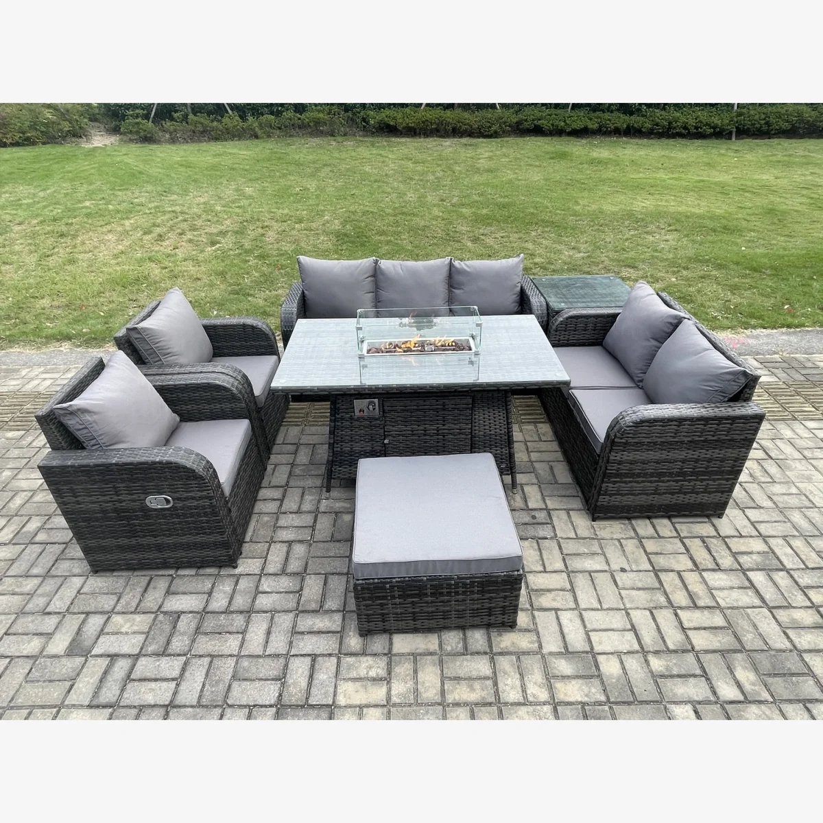 Fimous PE Rattan Outdoor Garden Furniture Set with Propane Fire Pit Table and Reclining Chairs - Dark Grey – image 1