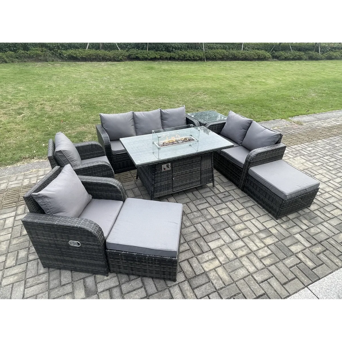 Fimous 9-Seater PE Wicker Outdoor Rattan Furniture Set with Propane Fire Pit Table - Dark Grey – image 2