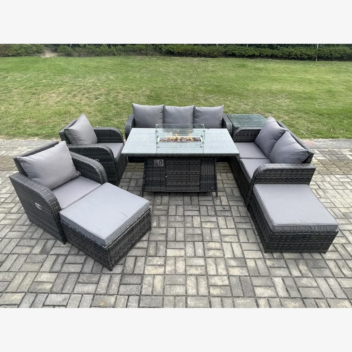 Fimous 9-Seater PE Wicker Outdoor Rattan Furniture Set with Propane Fire Pit Table - Dark Grey – image 1