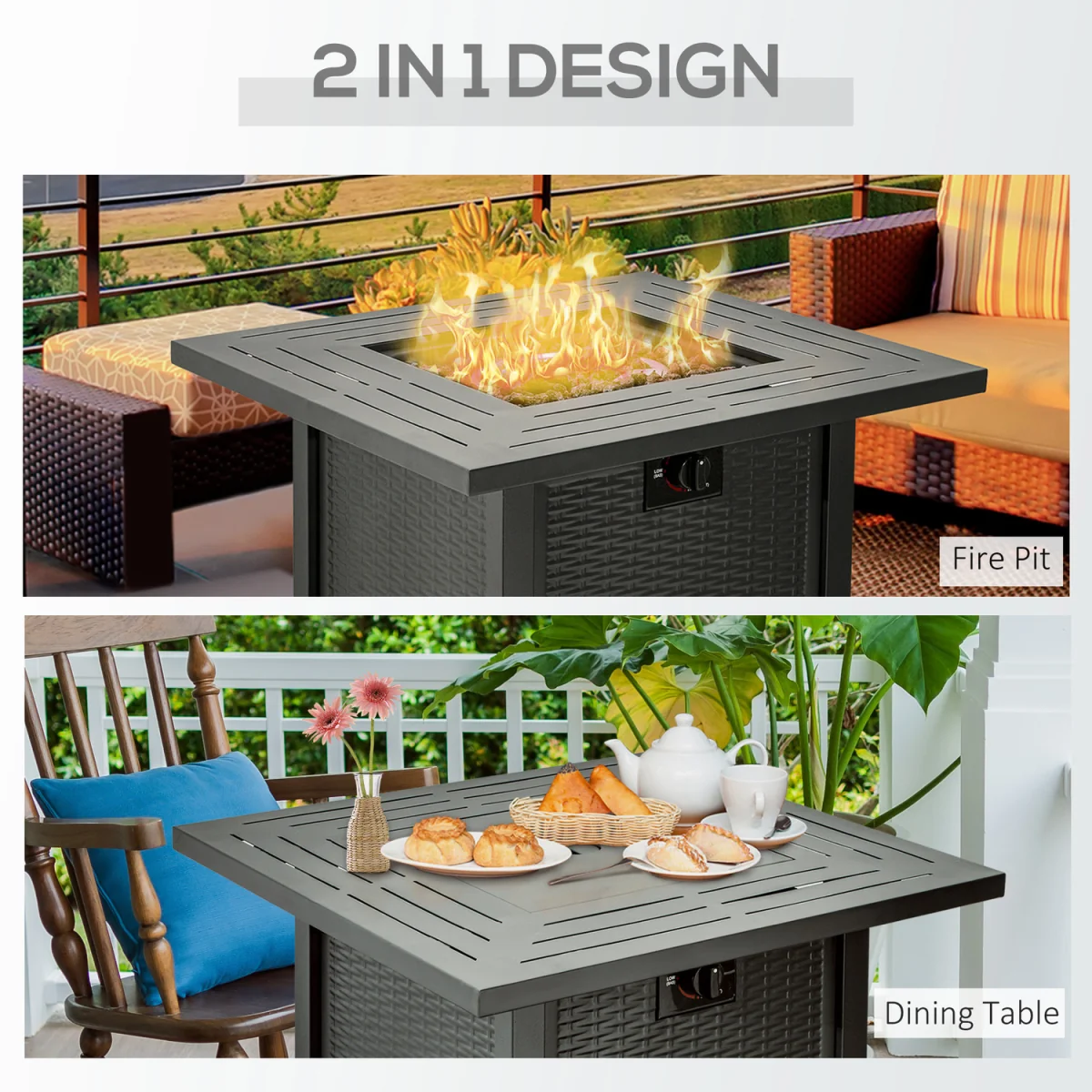 Square Rattan Propane Gas Fire Pit Table, 50000 BTU - Black – image 2