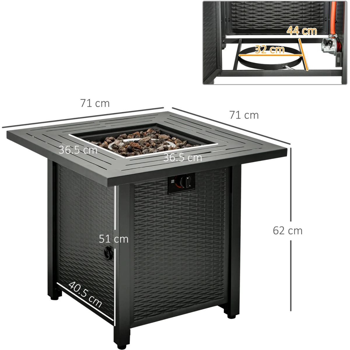 Square Rattan Propane Gas Fire Pit Table, 50000 BTU - Black – image 8