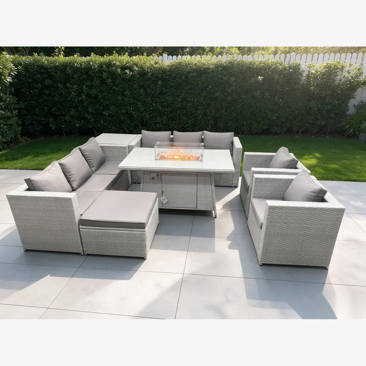 Fimous Rattan Fire Pit Set with Coffee Table, Chairs & Stool - Light Grey Mixed