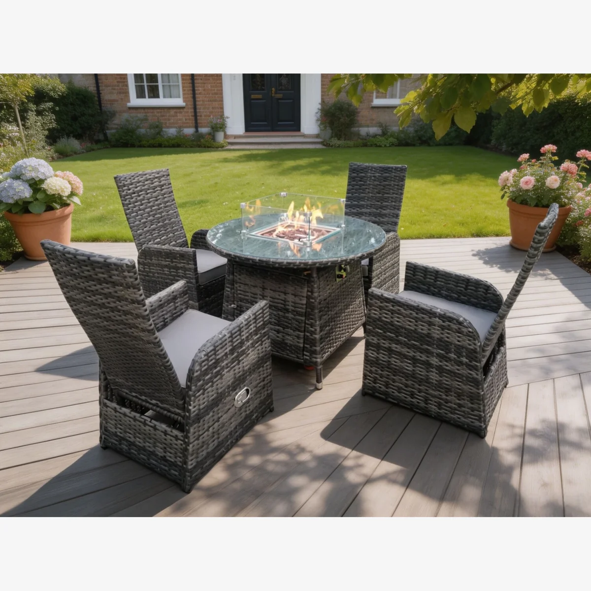 Rattan 4 Seater Gas Fire Pit Round Dining Set Reclining Chairs - Dark Grey Mixed
