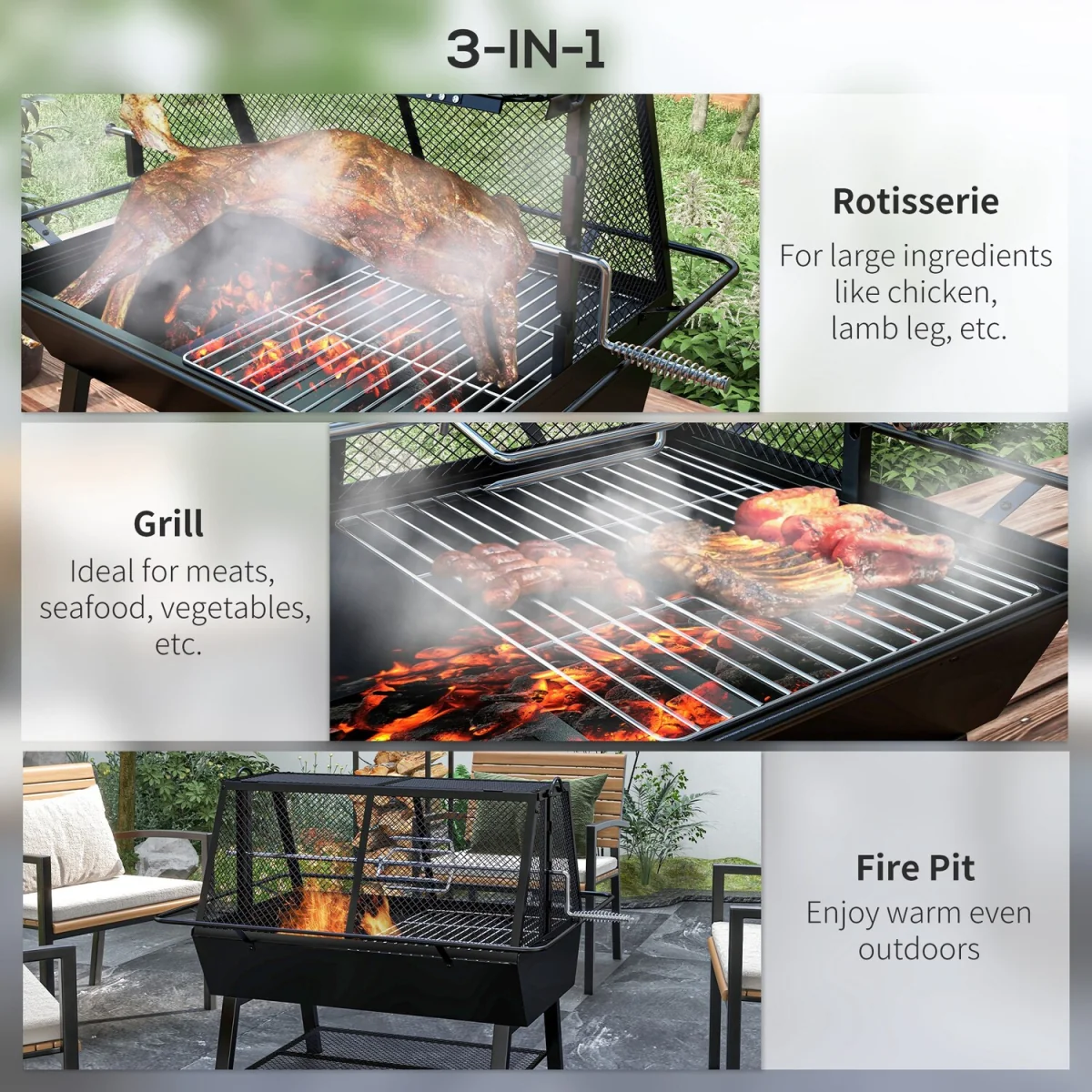 3-in-1 BBQ Rotisserie Grill Roaster Fire Pit - Black – image 7