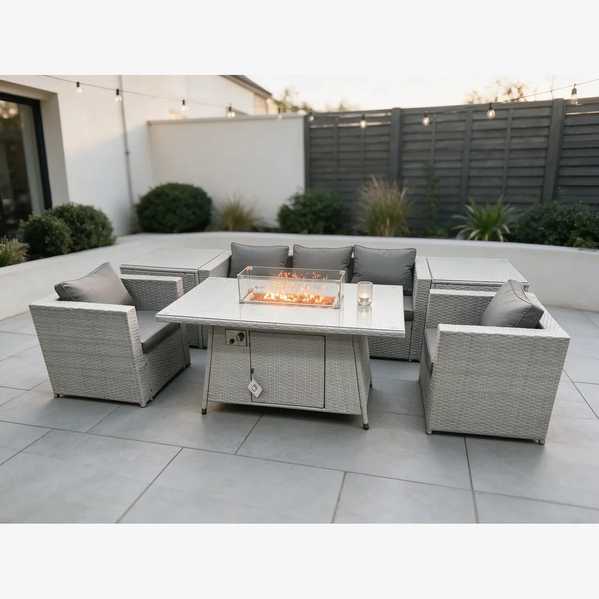 Corner Rattan Garden Furniture Set Gas Fire Pit Heater Burner - Light Grey Mixed