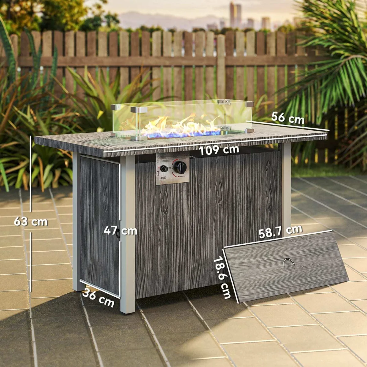 Luno Rectangular Dark Grey Steel Gas Fire Pit Table with Glass Screen and Cover – image 5