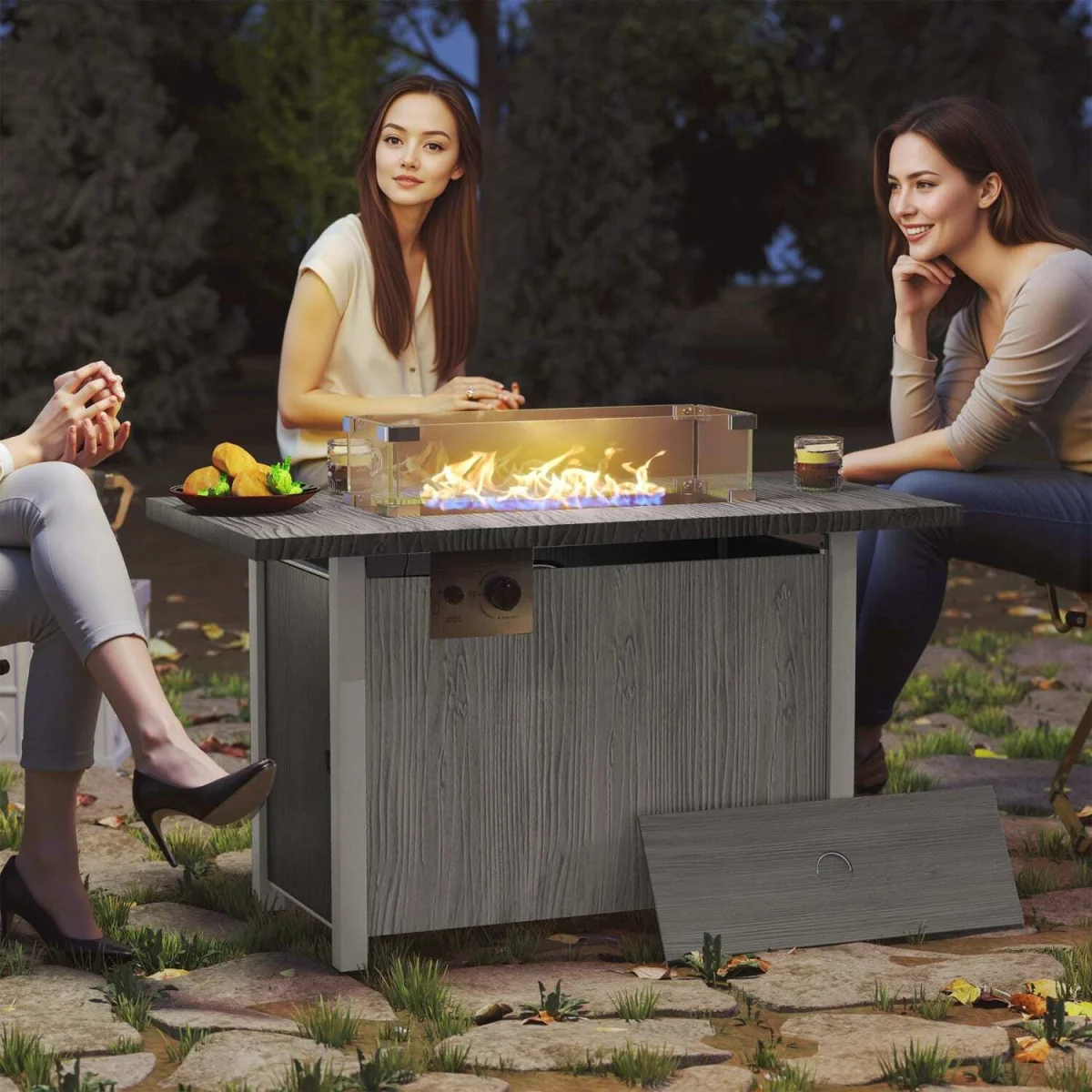 Luno Rectangular Dark Grey Steel Gas Fire Pit Table with Glass Screen and Cover – image 10