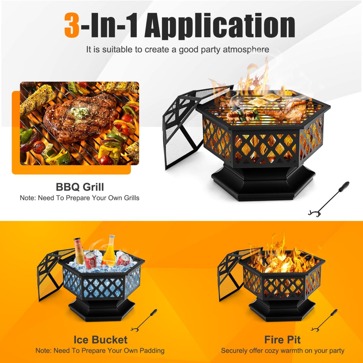 70cm Hexagon Patio Fire Pit - Black – image 2