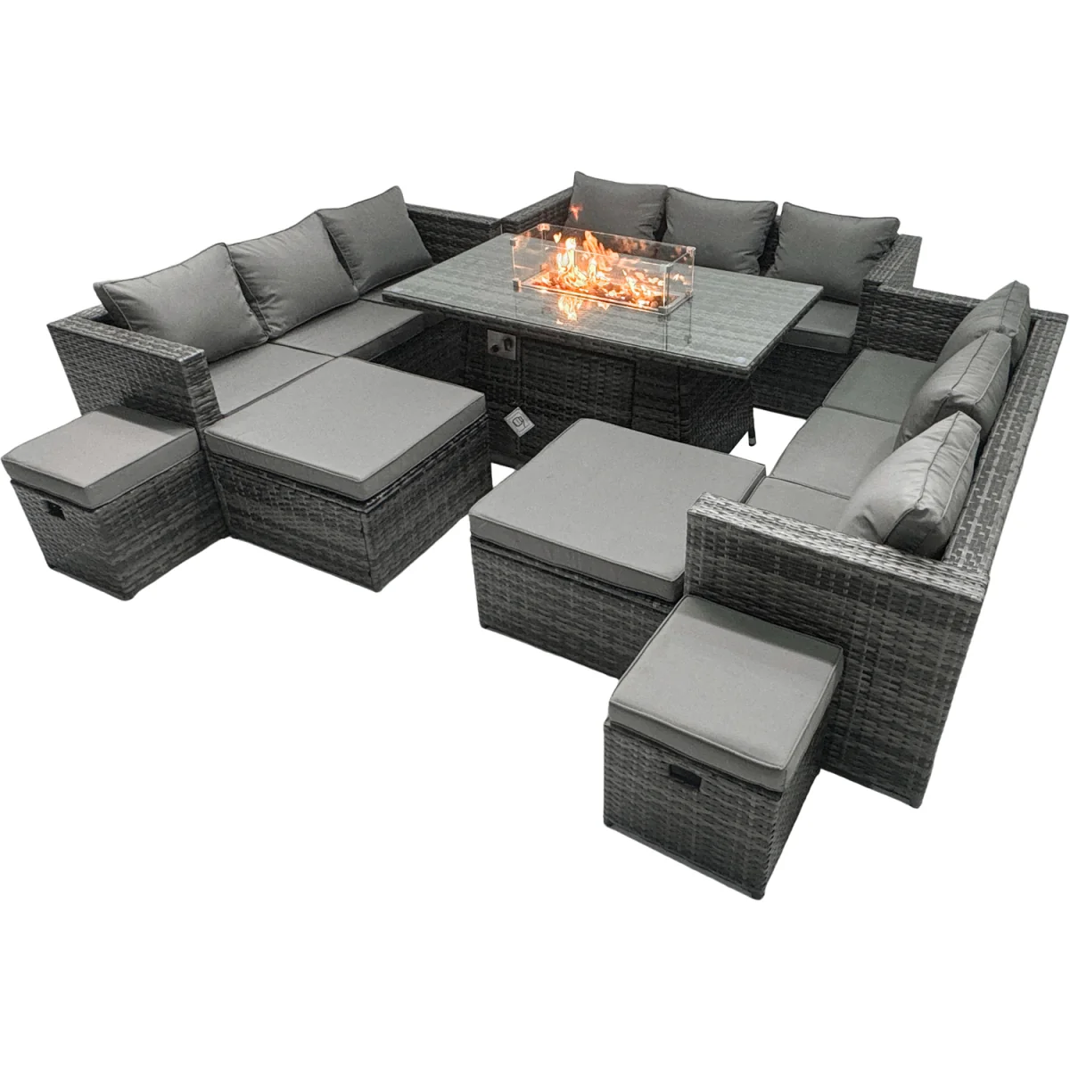 Fimous Rattan Garden Firepit Dining Set 13-Seater with Fire Pit Table and 4 Footstools. - Dark grey mixed rattan with dark grey fabric – image 4