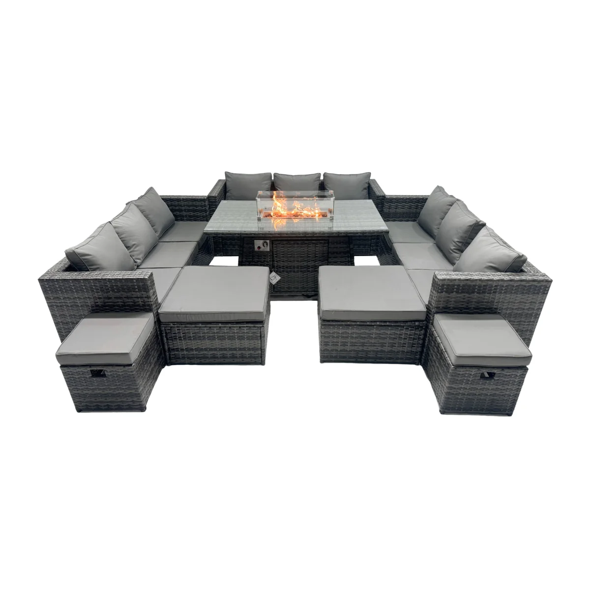 Fimous Rattan Garden Firepit Dining Set 13-Seater with Fire Pit Table and 4 Footstools. - Dark grey mixed rattan with dark grey fabric – image 1