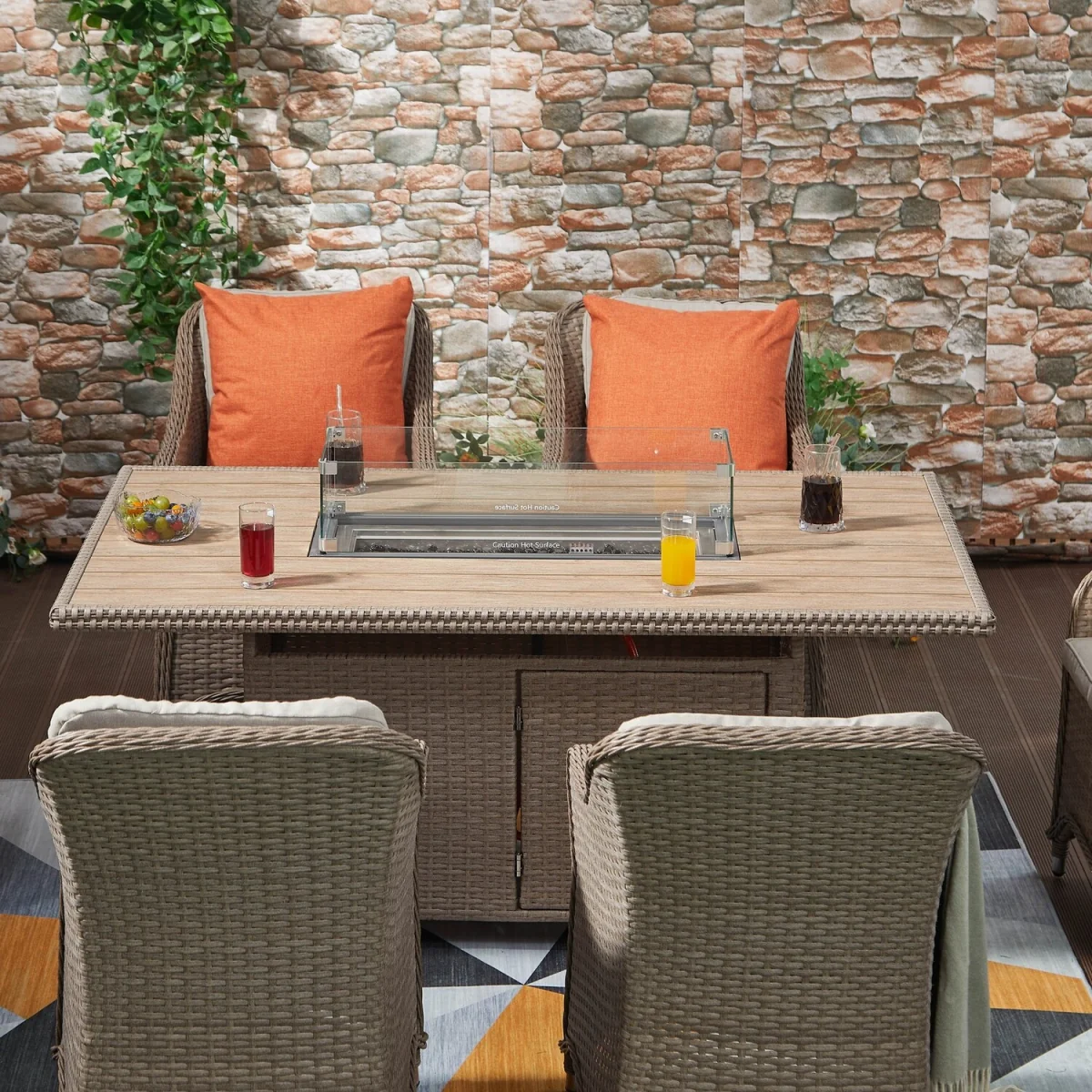 6 Seater Rattan Fire Pit Garden Furniture - Nature / 1 Rectangular Fire Pit Table 6 Armchair – image 2